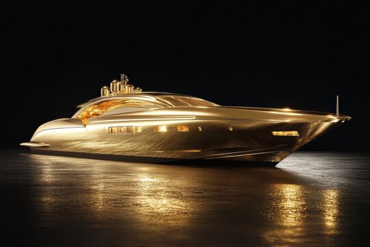 Luxurious golden yacht showcasing minimalism on dark water backdrop at night