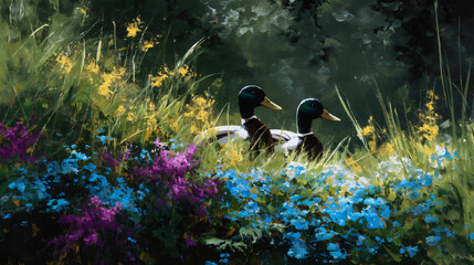 Serene duck duo amidst a blooming garden unveiling rural springtime ravisher