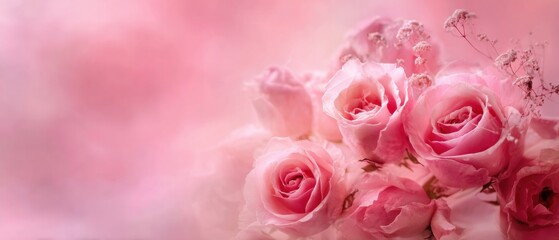 Romantic pink roses bouquet with babys breath on soft pink background Concept of love, wedding, valentines day, and feminine beauty