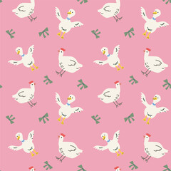 Whimsical cottage decor with chickens and bows pattern for design.