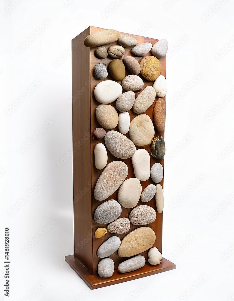 Poster wooden column decorated with various natural stones, creating a textured and unique design element.