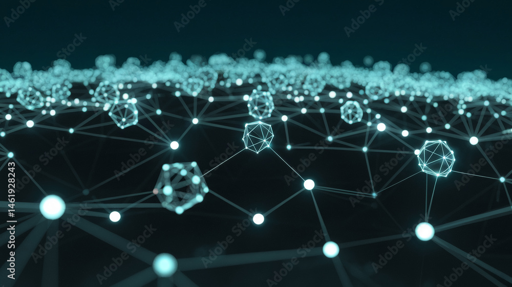 Aufkleber abstract network visualization glowing teal nodes and lines dark background, symbolizing connection,