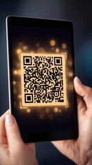 Digital tablet displaying illuminated qr code with hands holding device