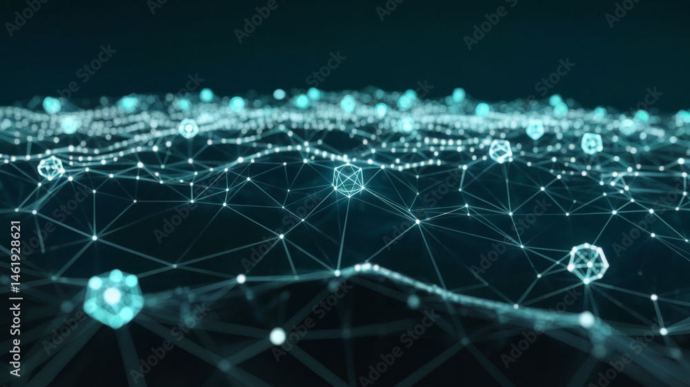 Poster abstract teal network, glowing nodes and lines form a three-dimensional web, suggesting connection, 