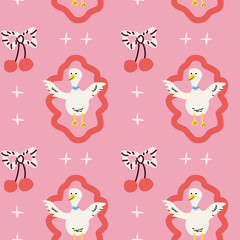 Whimsical cottagecore pattern with ducks and cherries for creative projects.