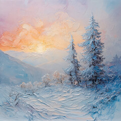 A tranquil winter landscape at dawn, featuring snow-covered trees and a pastel sky illuminated by the rising sun.