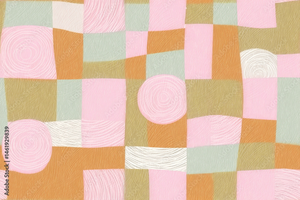 Poster colorful abstract pattern featuring mix of pink, orange, and green squares with circular and wavy li