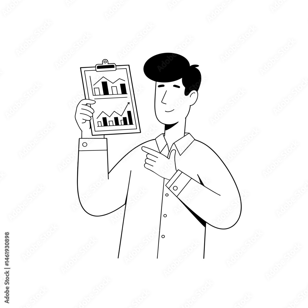 Poster man presenting graphs while working online