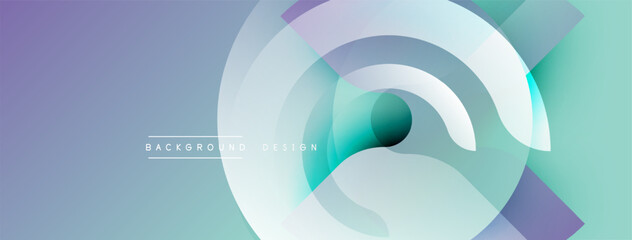 Abstract design features layered circles, squares. Soft blue, purple hues create modern aesthetic. Minimal text present.