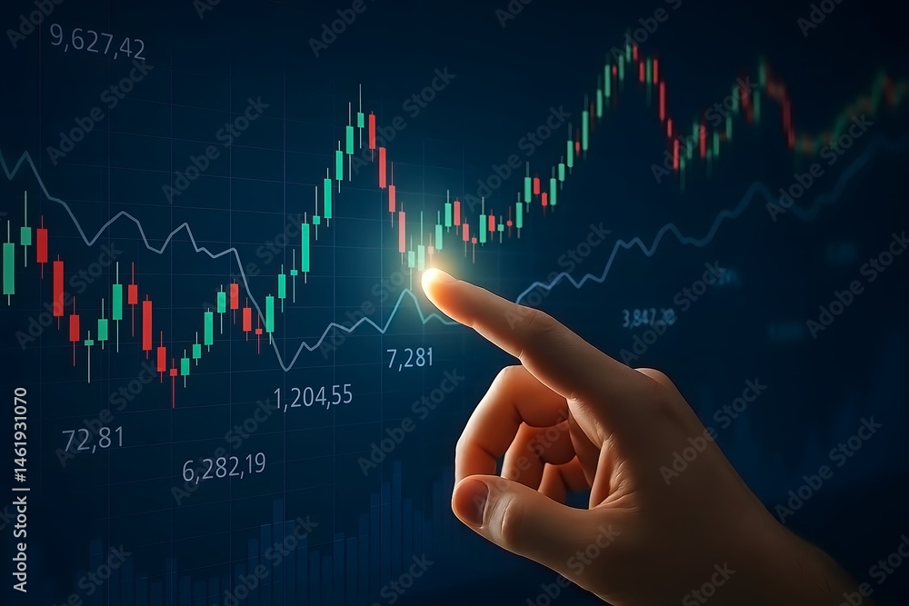 Poster analyzing financial market data a hand points to candlestick charts indicating trends and potential 