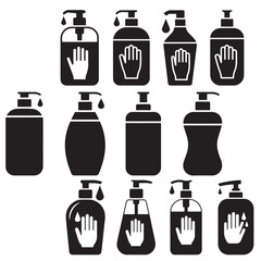 Fototapeta premium Liquid soap Hand sanitizer icon, Silhouettes of Pump Bottles Dispenser, Soap Dispenser Icons Black and White, Outline Illustrations of Pump Bottles for Soap or Lotion,