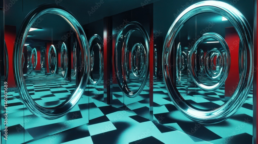 Poster infinite reflections: a psychedelic chromatic maze of mirrors and circular frames