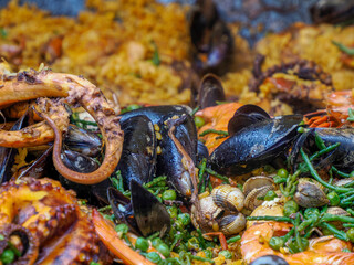 Rice Paella with seafood fish in provence market detail
