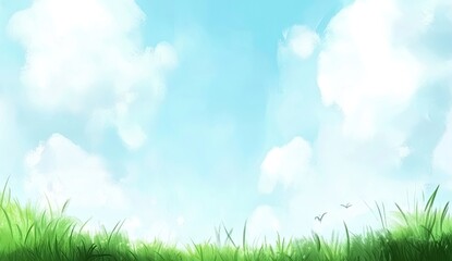 Obraz premium A vibrant, painted landscape of a vast, bright blue sky, dotted with fluffy white clouds, and a field of lush green grass