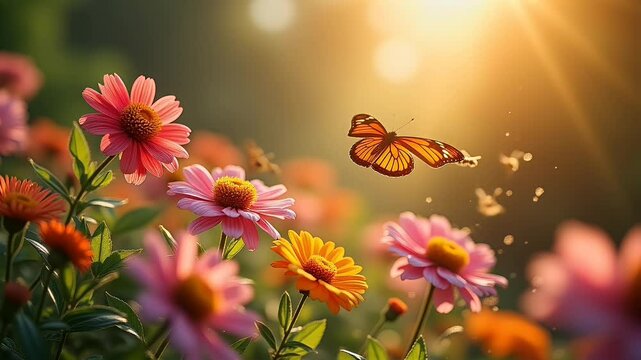 Beautiful flowers with butterflies and bees