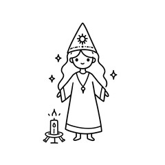 Young girl dressed as a witch with a pointed hat and candle, celebrating magic, on a white background