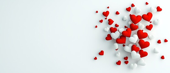 Red and white hearts scattered on white background