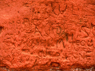 Tourist graffiti Detail of colored rocks in Ocher canyon valley massif in Provence france Rousillon area