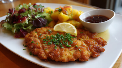 Golden Culinary Delight: A close-up shot of a plated, culinary masterpiece, showcasing a perfectly prepared, golden-brown meat, accompanied by fresh salad, fluffy potatoes, and a flavorful sauce.