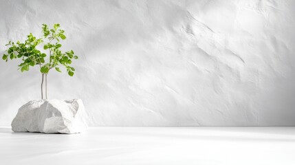A small green plant growing from a white stone on a minimalist white background, and symbolizing growth and simplicity in a serene setting.