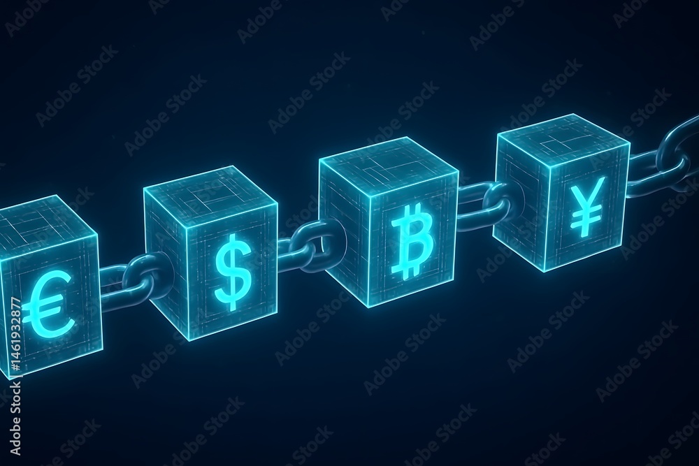Poster cryptocurrency and international currencies symbolized as linked cubes in digital blockchain concept