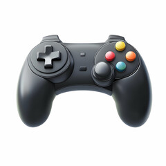 Black Wireless Gamepad Controller Featuring Four Colorful Round Buttons Isolated on White Background Perfect for Digital Gaming Concepts