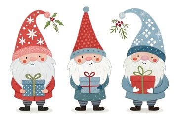 Whimsical Christmas Gnome Trio Illustration with Gifts and Festive Decor