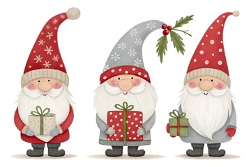 Whimsical Christmas Gnome Trio Illustration with Gifts and Festive Decor