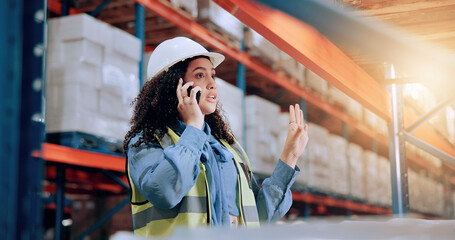Woman, phone call and confused at warehouse for logistics with lost order, mistake or stress with...