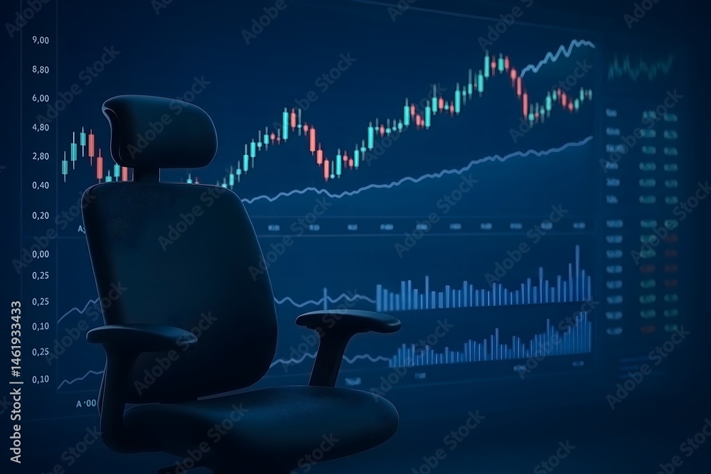 Poster empty office chair in front of a digital display showcasing stock market data and financial analytic