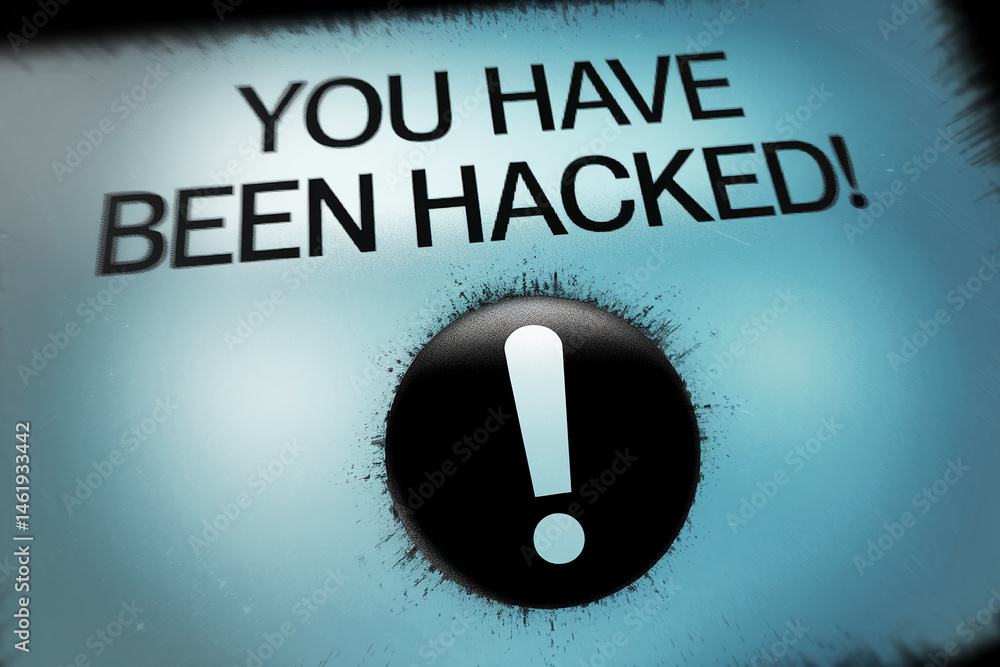 Aufkleber blue background with black circle and exclamation mark, text 