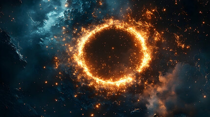 Naklejka premium Fiery ringed portal in a cosmic cloud.