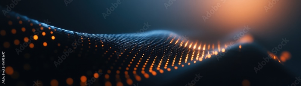 Poster Abstract Wave of Dotted Lights with Gradient Orange and Blue Background Featuring Dynamic Curves and Modern Geometric Design for Creative Technology and Science Concepts