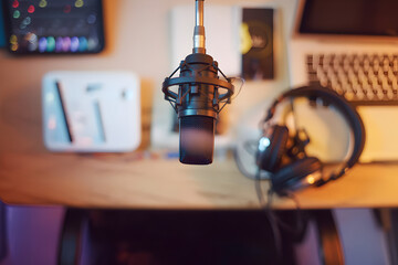 A close-up image shows a microphone in a home studio setting. Headphones, a laptop, and other audio equipment are visible in the background.