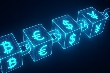 Fototapeta premium Futuristic blockchain technology with global currency symbols and cryptocurrency bitcoin representing digital financial transactions and innovation.