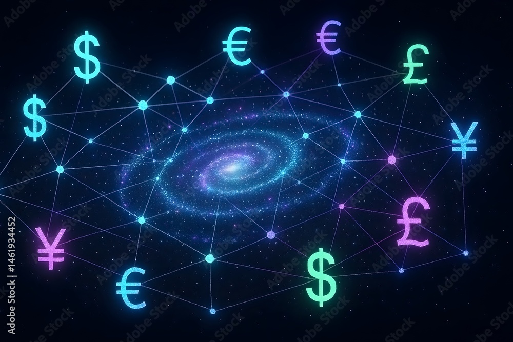 Poster global currency network connected in a cosmic web illustrating international finance and digital cur