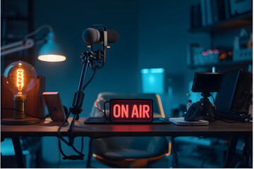 Studio desk with an “ON AIR” sign, microphone, and other podcasting equipment. This stock image suggests a need for keywords related to audio production and content creation.