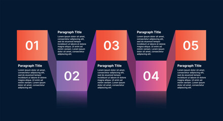 Five-step 3D block infographic with gradient colors and paragraph descriptions for process or timeline presentation.
