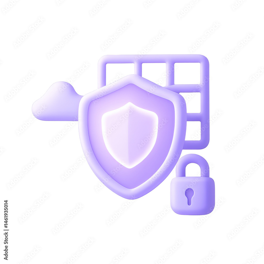 Poster digital shield of data protection: a minimalist, rendered graphic of a shield, padlock and cloud aga