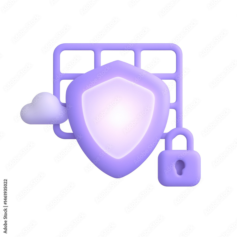 Poster digital fortress: a 3d rendered security concept showcases a glowing shield with a padlock and cloud