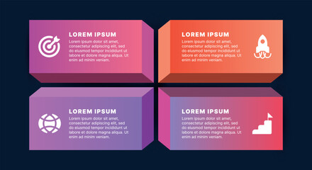 Four colorful 3D infographic blocks with icons and gradient design for presenting business goals, strategy, and progress.