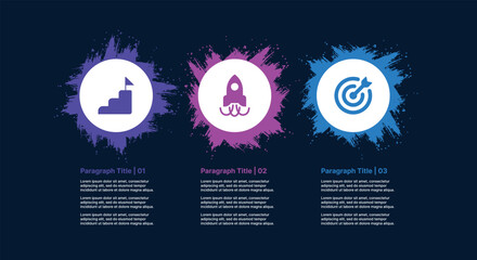 Three-step splash-style infographic with circular icons and paintbrush effect representing creativity, growth, and goal setting.