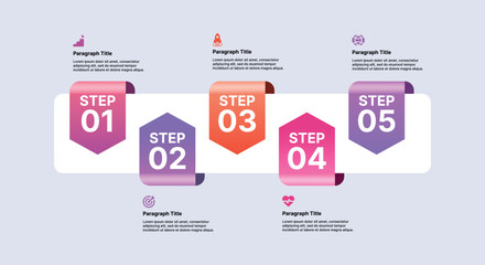 Five-step ribbon infographic with gradient banners and icons for process, strategy, and business planning presentation.