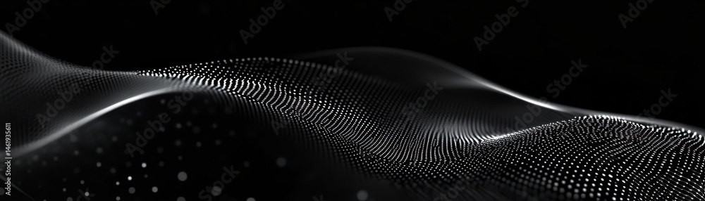 Poster Abstract Wavy Particle Background with Dark Tones and Dynamic Light Display Seamless Digital Data Stream and Futuristic Design on Black Backdrop