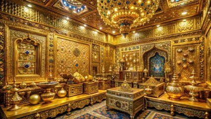 Fototapeta premium opulent chamber filled with glittering gold artifacts and precious gems, intricate carvings adorn the walls and ceiling , golden treasures, gold artifacts