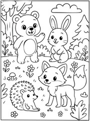 Cute forest animals coloring page with bear, rabbit, fox, and hedgehog in nature scene for kids.