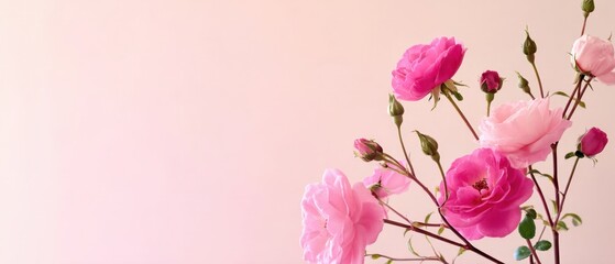 Delicate pink roses with buds on a soft pink background, creating a romantic floral arrangement for wedding invitations or feminine designs