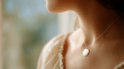 closeup of minimalistic pendants hanging on persons neck crafted from matte metal