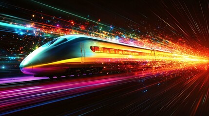 Fototapeta premium Stylized network of high speed rail lines spanning continents over a semi transparent globe with energy efficient train models and real time passenger flow heat maps overlayed