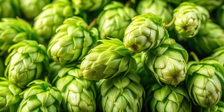 Close-up detailed image of fresh green hops with intricate details and texture, botanical, closeup